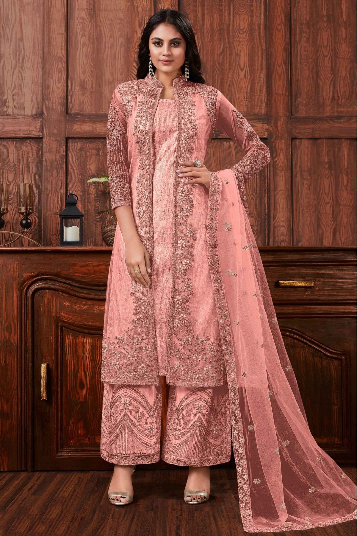 Net Embroidery Palazzo Pant Suit In Peach Colour - SM5630010