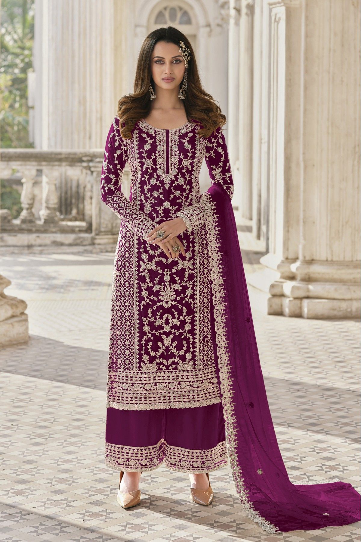 Buy Purple Embroidery Work Net Pakistani Suit Online