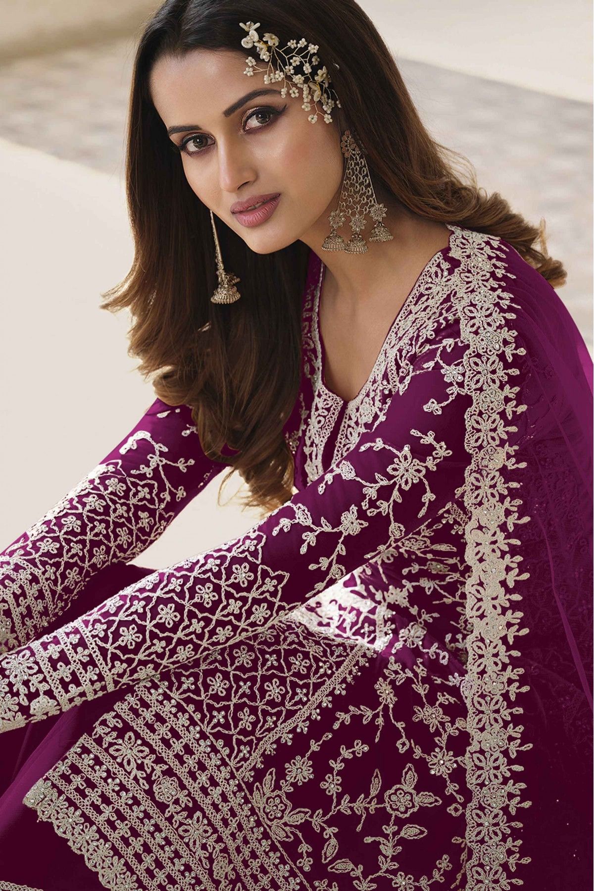 Net Embroidery Palazzo Pant Suit In Purple Colour - SM5630055