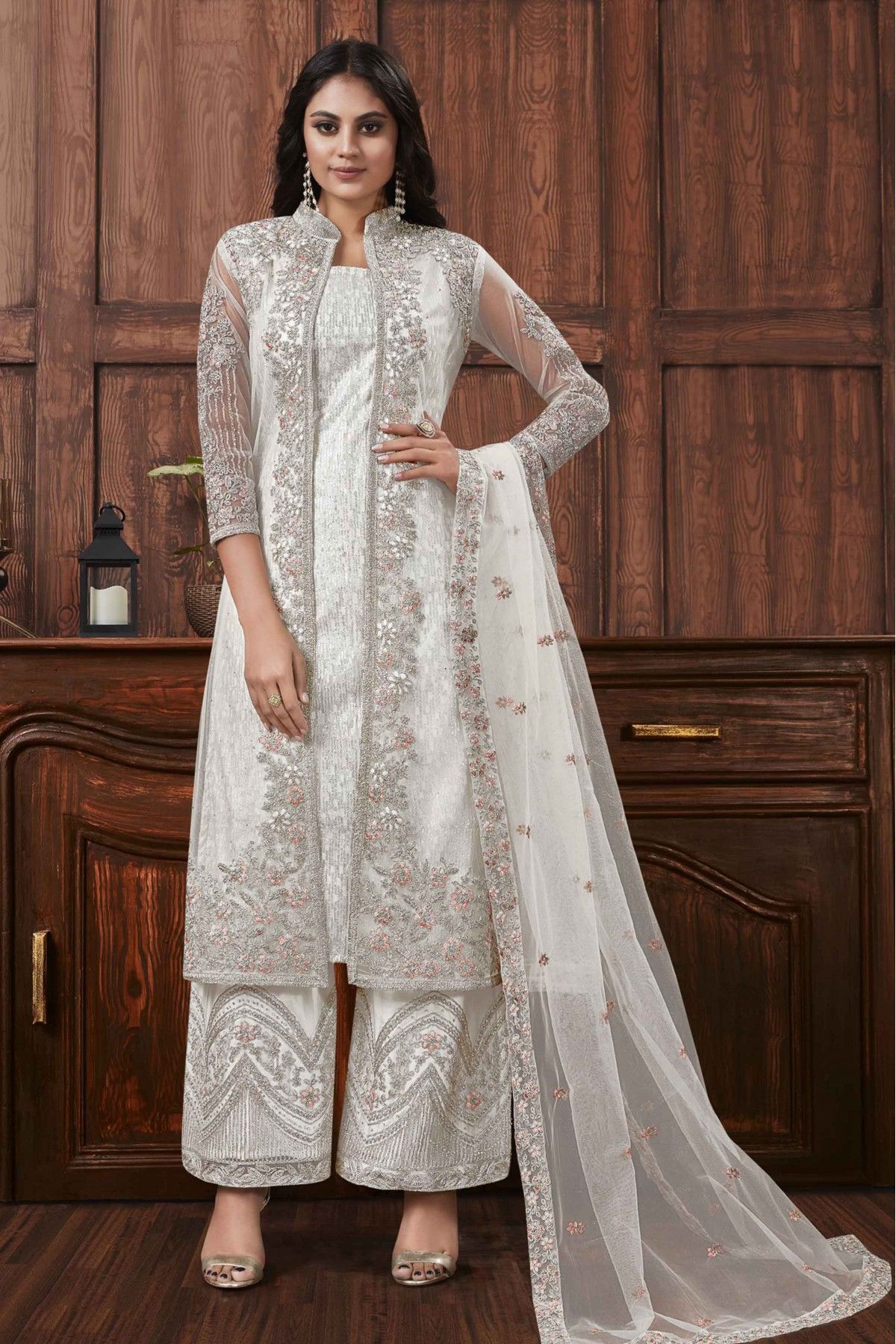 Net Embroidery Palazzo Pant Suit In White Colour - SM5630007