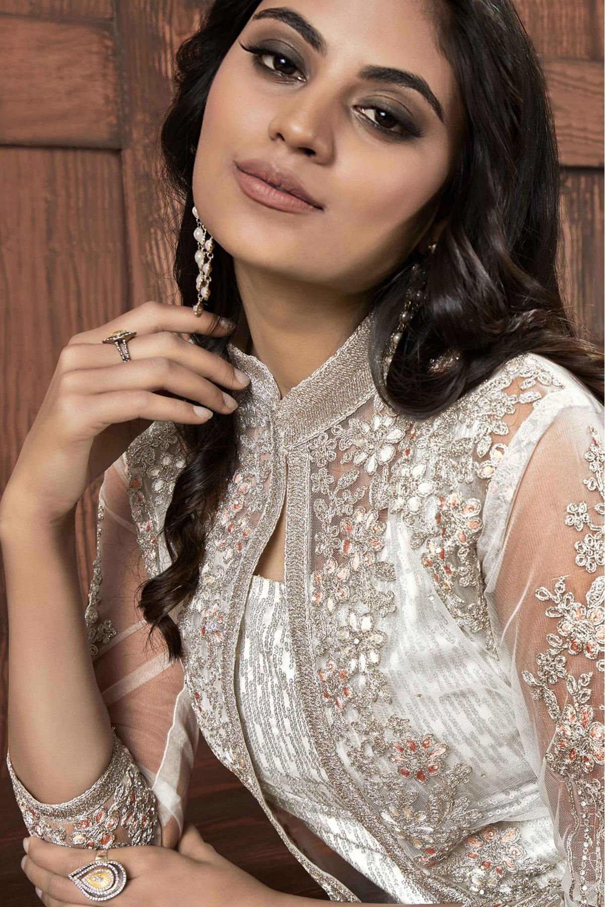 Net Embroidery Palazzo Pant Suit In White Colour - SM5630007