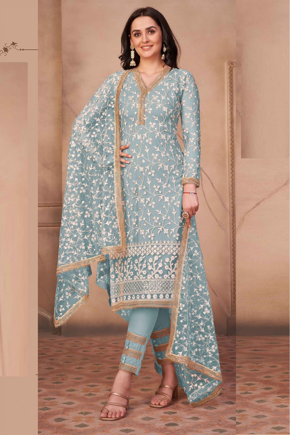 Net Embroidery Palazzo Pant Suit In Sky Blue Colour - SM5630054