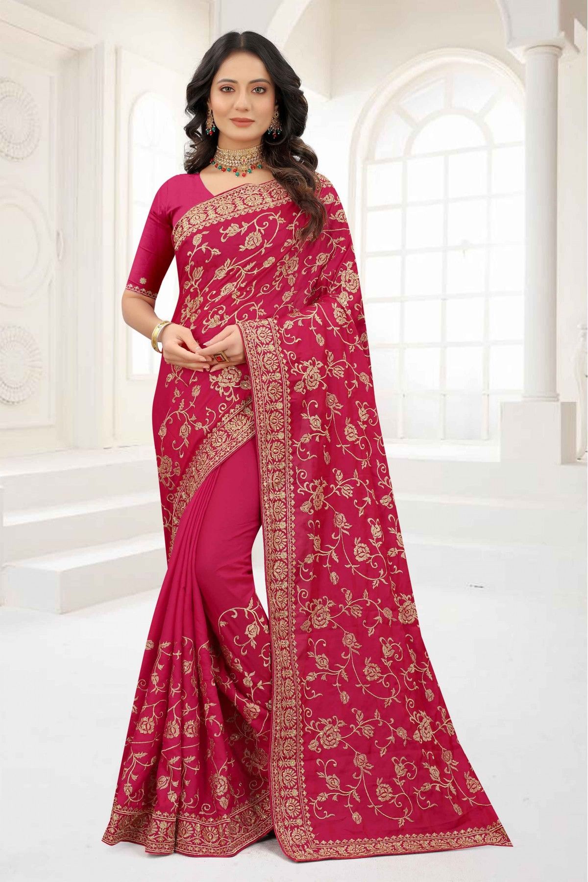 Dark Pink Color Pure Satin Silk Saree – BharatSthali