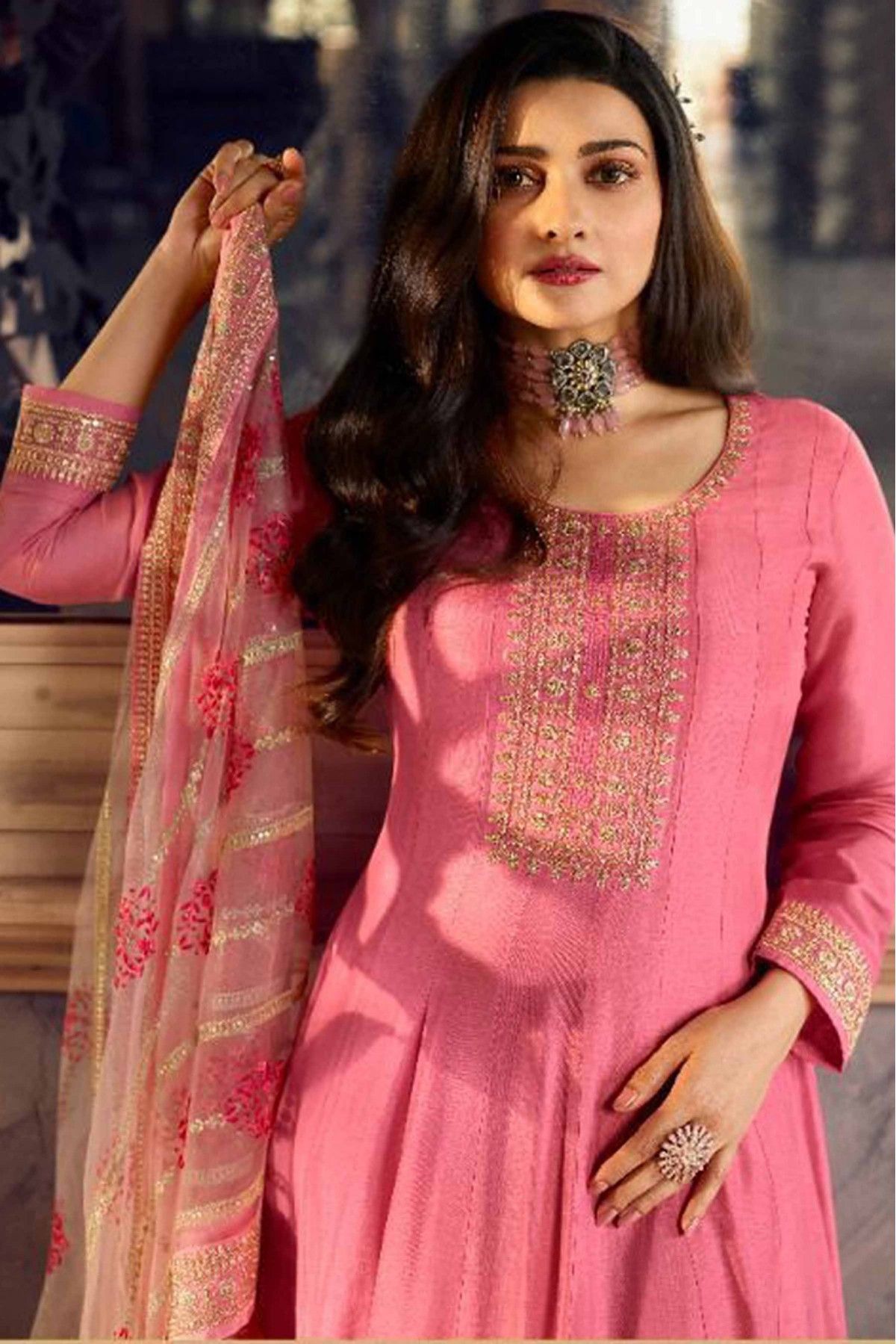 Hot Pink Silk Anarkali Set