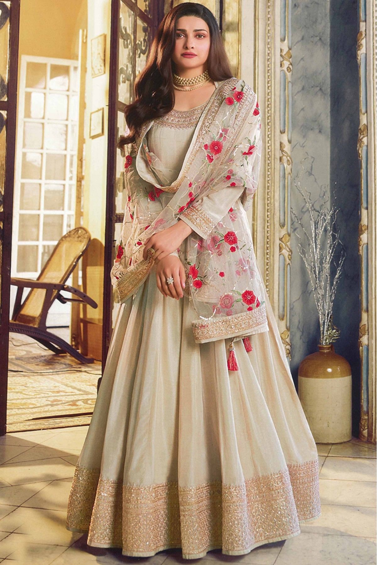 Buy Cream White Anarkali Set In Georgette With Lucknowi Work