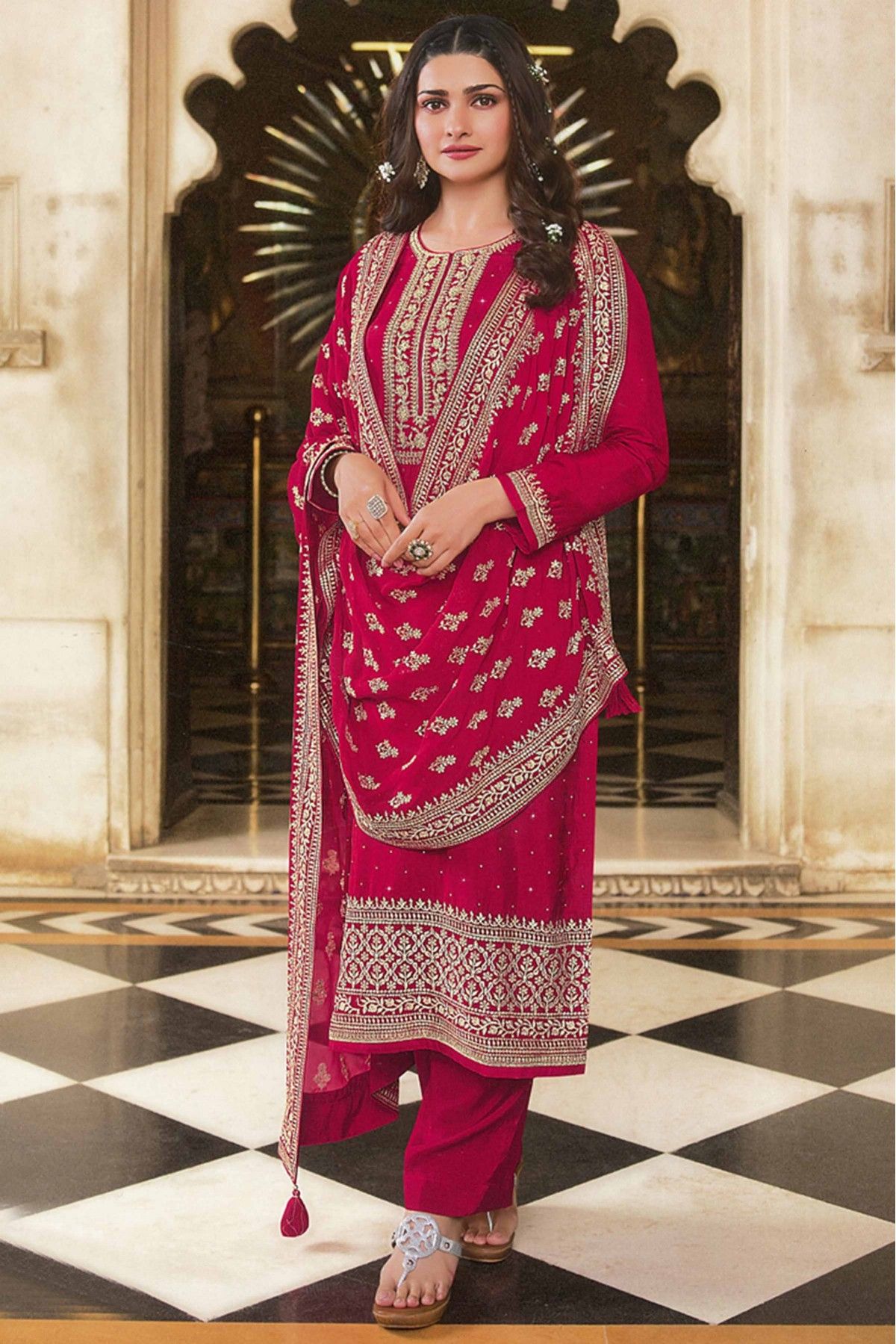 Silk Blend Embroidery Palazzo Pant Suit In Rani Pink Colour SM4452228 A