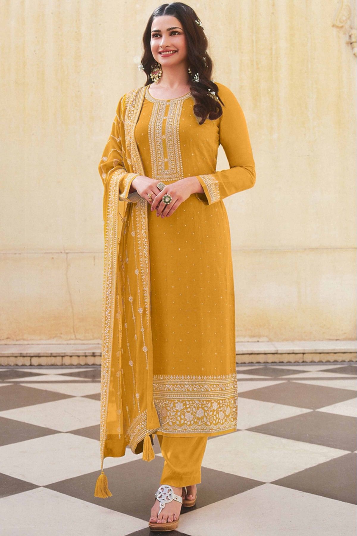 Net Embroidery Pant Style Suit In Yellow Colour-SM1640653