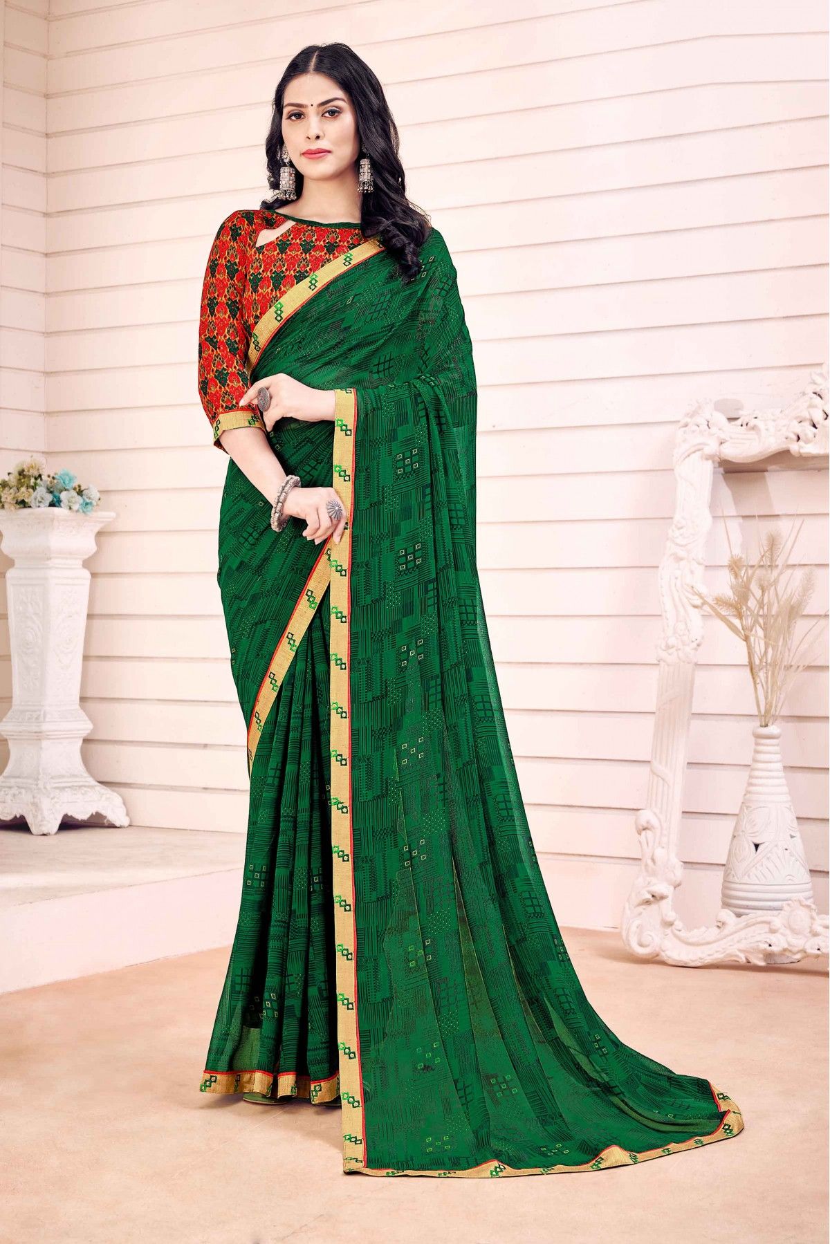 Plain, Printed & Patterned Dark Green Sarees for Sale Across India