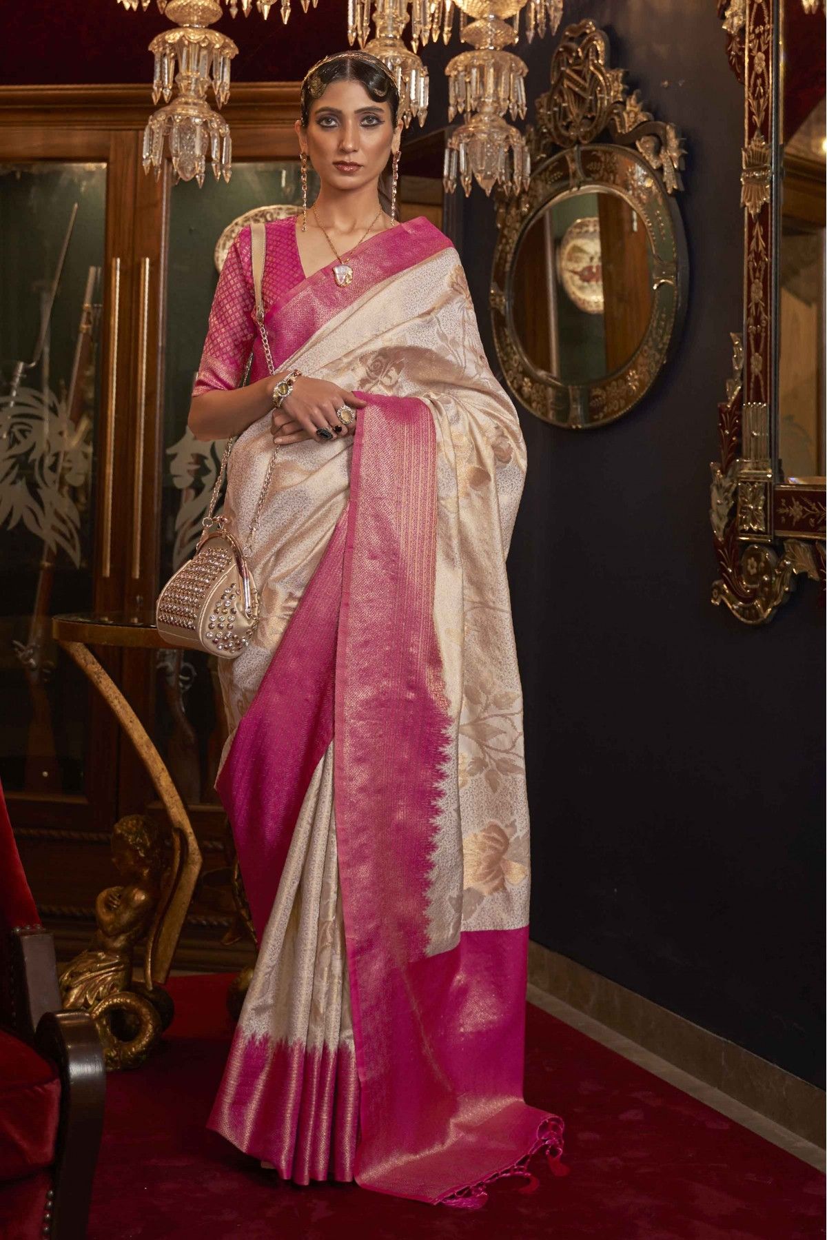Chamois Cream and Green Zari Woven Designer Banarasi Saree – MySilkLove