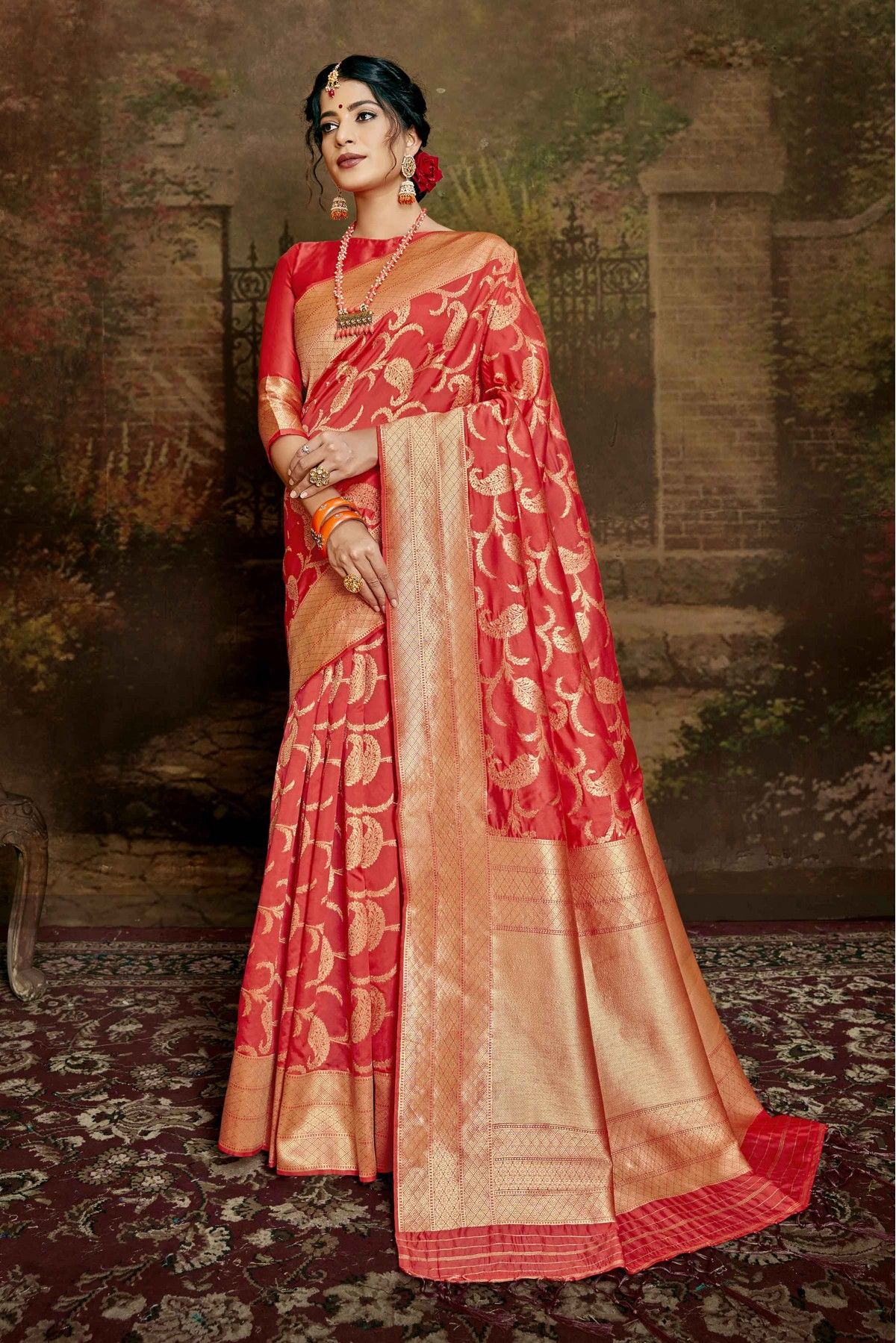 Woven Art Silk Saree in Peach  Peach color saree, Silk sarees