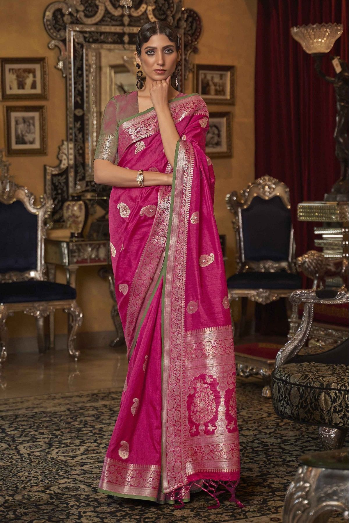 Rani pink woven kanchipuram silk saree with blouse - IMPRESSED COLLECTION -  1972675