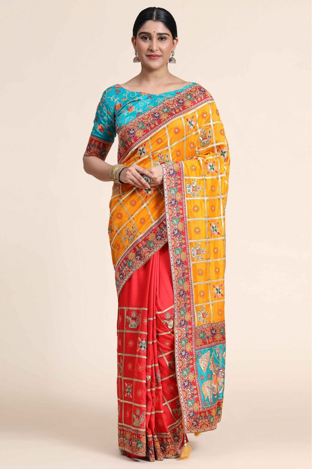 Sleeveless Blouse Striped Half N Half Saree