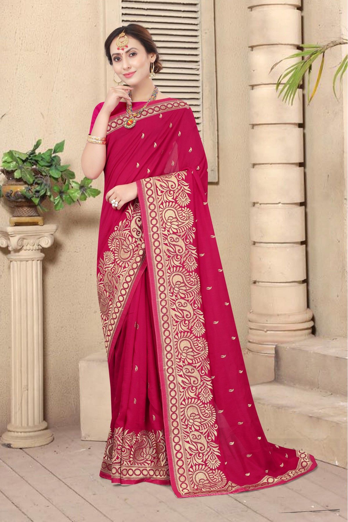 Vichitra Silk Embroidery Saree In Rani Pink Colour - SR1543543