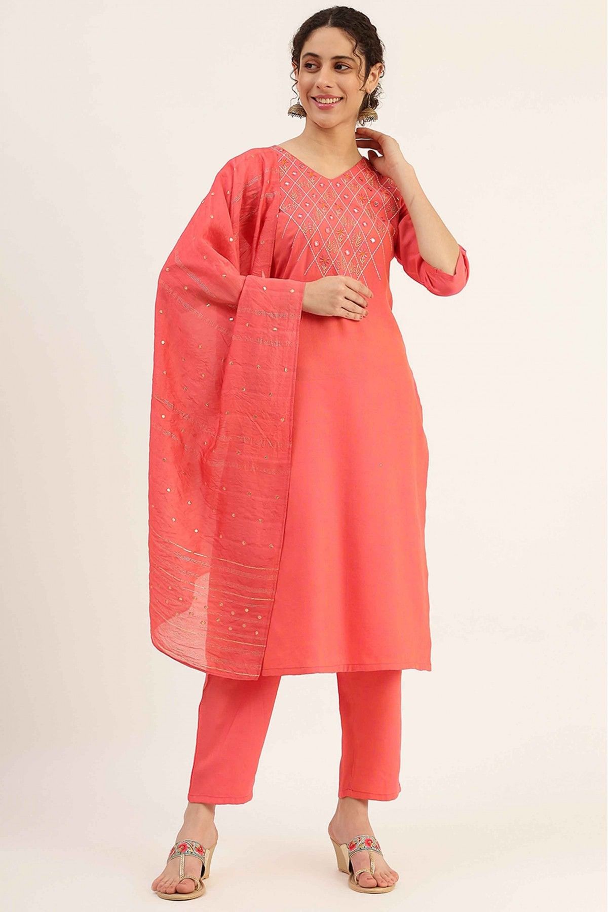 Viscose Rayon Embroidery Pant Style Suit In Pink Colour SS4781716