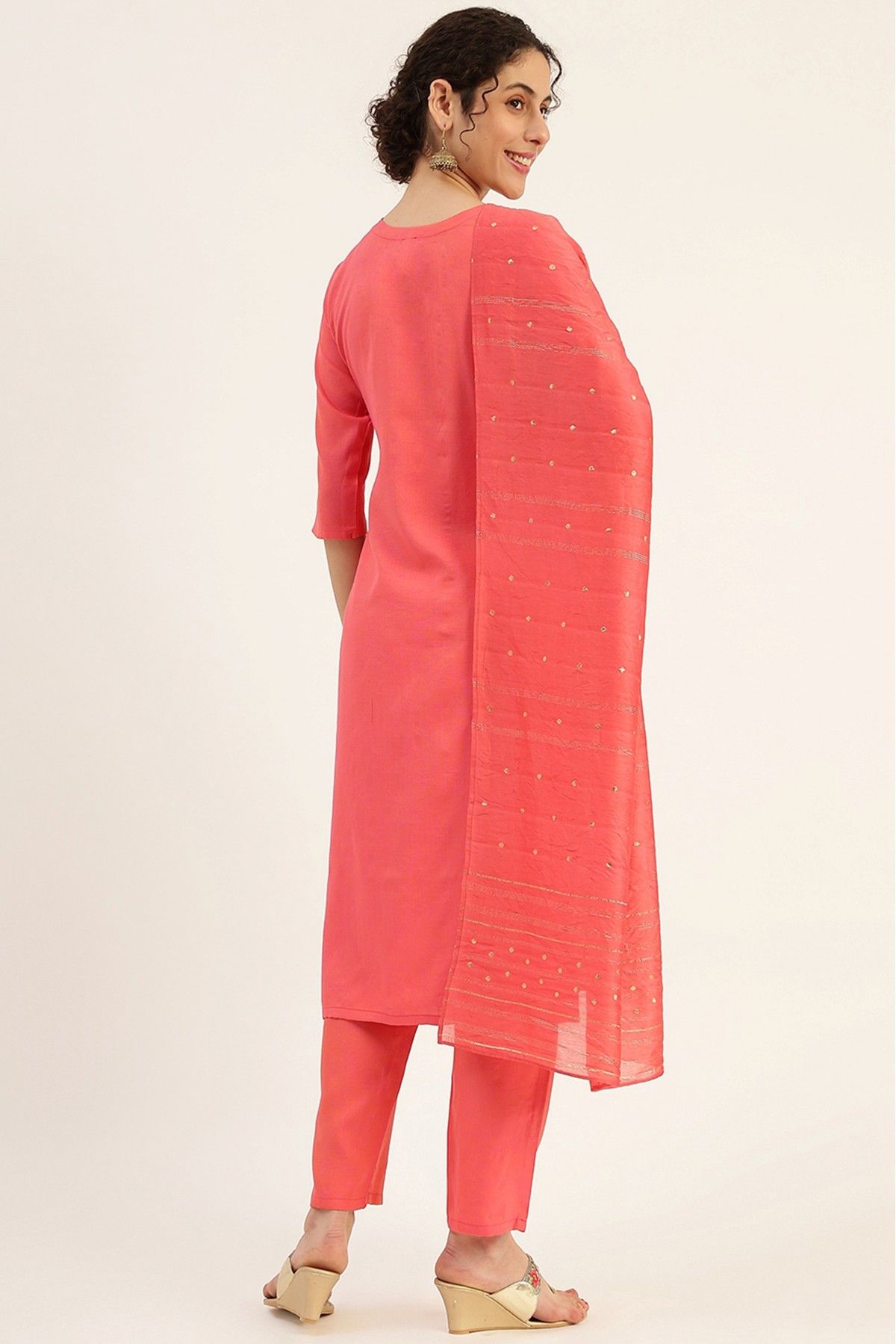Viscose Rayon Embroidery Pant Style Suit In Pink Colour SS4781716