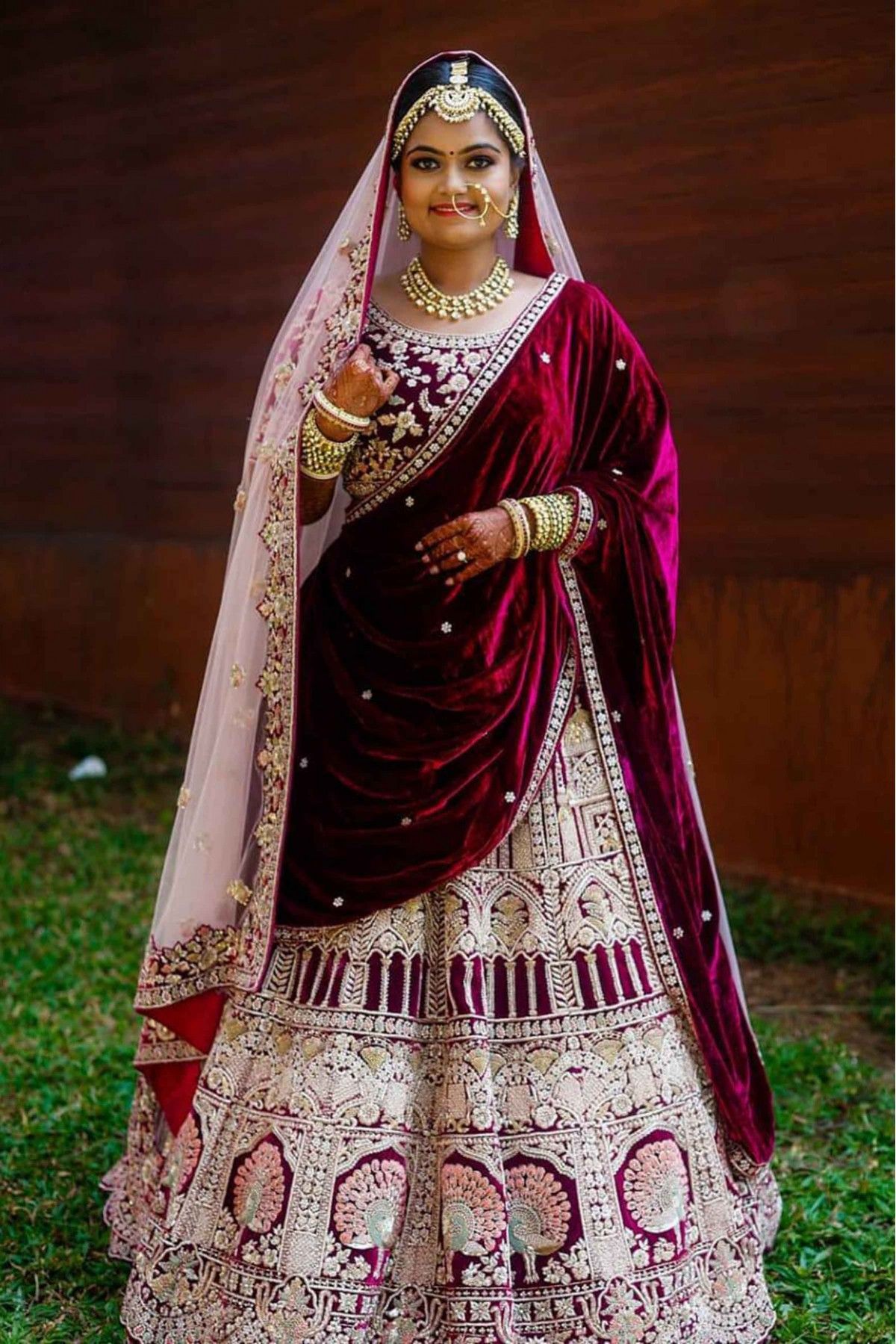 Dark Wine Color Velvet Designer Bridal Wedding Lehenga Choli | Heenastyle