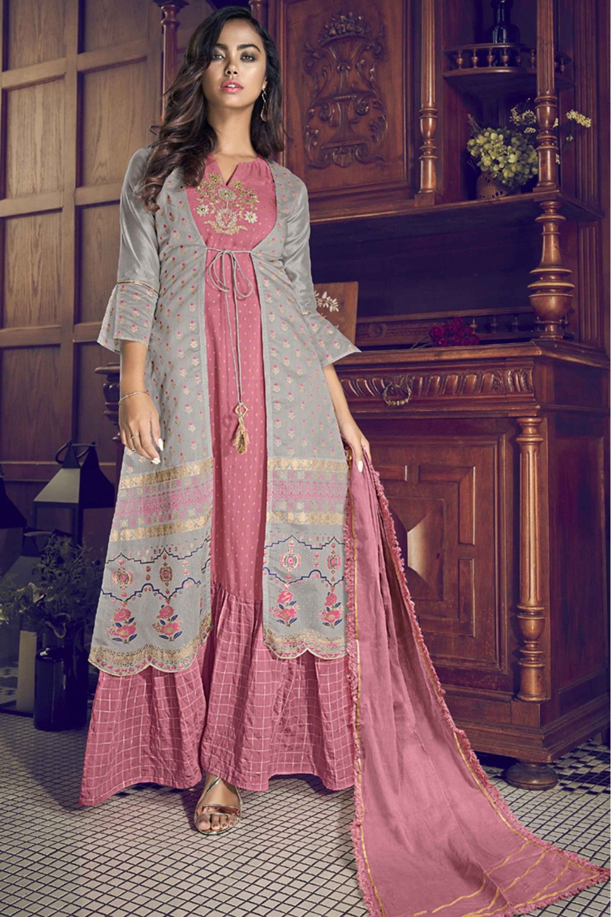 Stitched Georgette Embroidery Fusion Wear In Peach Colour - SS5413938