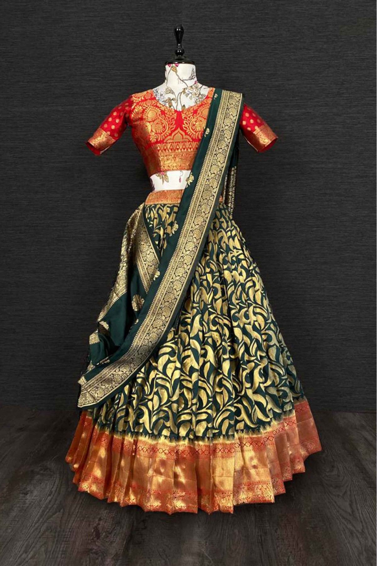 Red Sequin Embroidered Printed Lehenga Set With Blouse And Contrast Dupatta  - Hijab Online