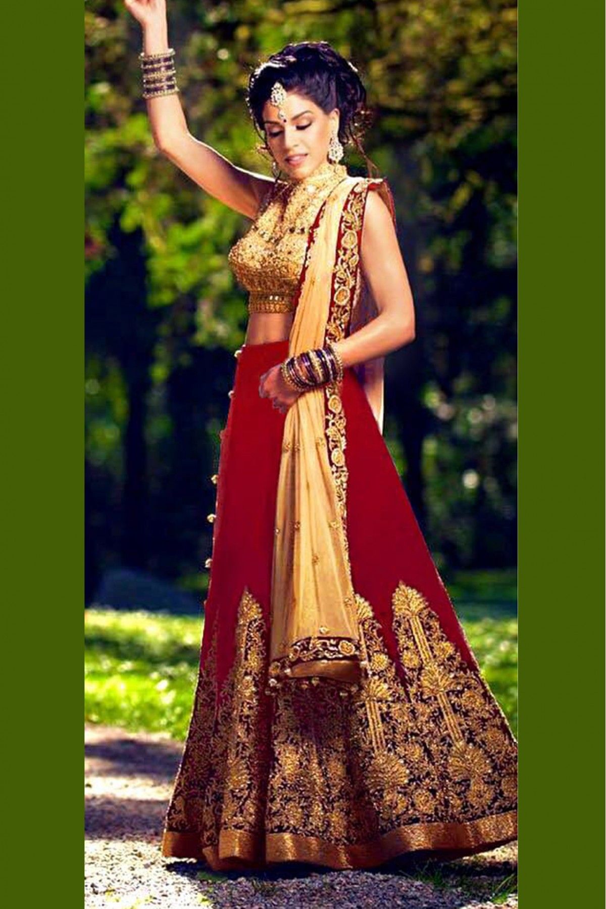 Deep Red Traditional Bridal Lehenga Set with Gold Embroidery and Matching  Dupatta - Seasons India