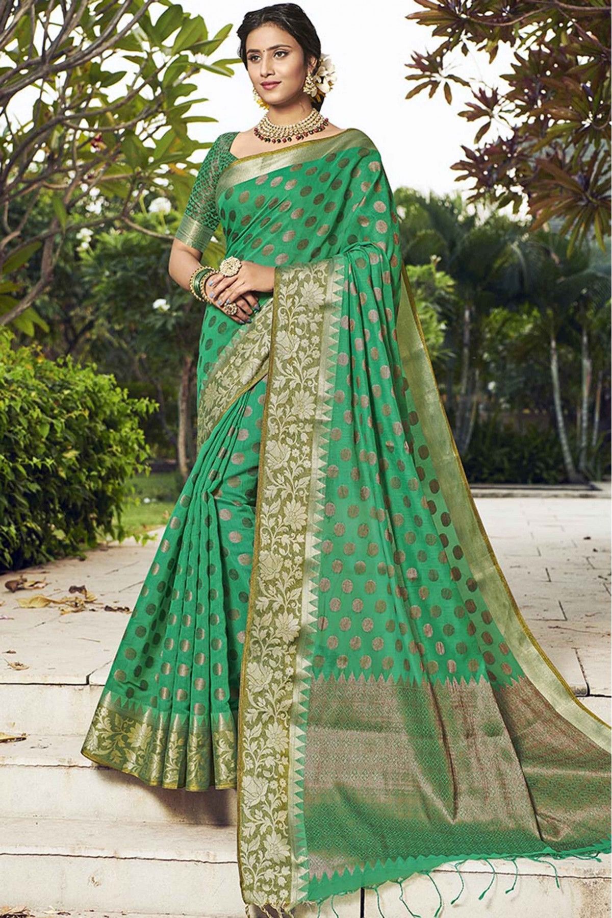 Glorious Look Weaving Work Art Silk Fabric Green Color Saree With Cont