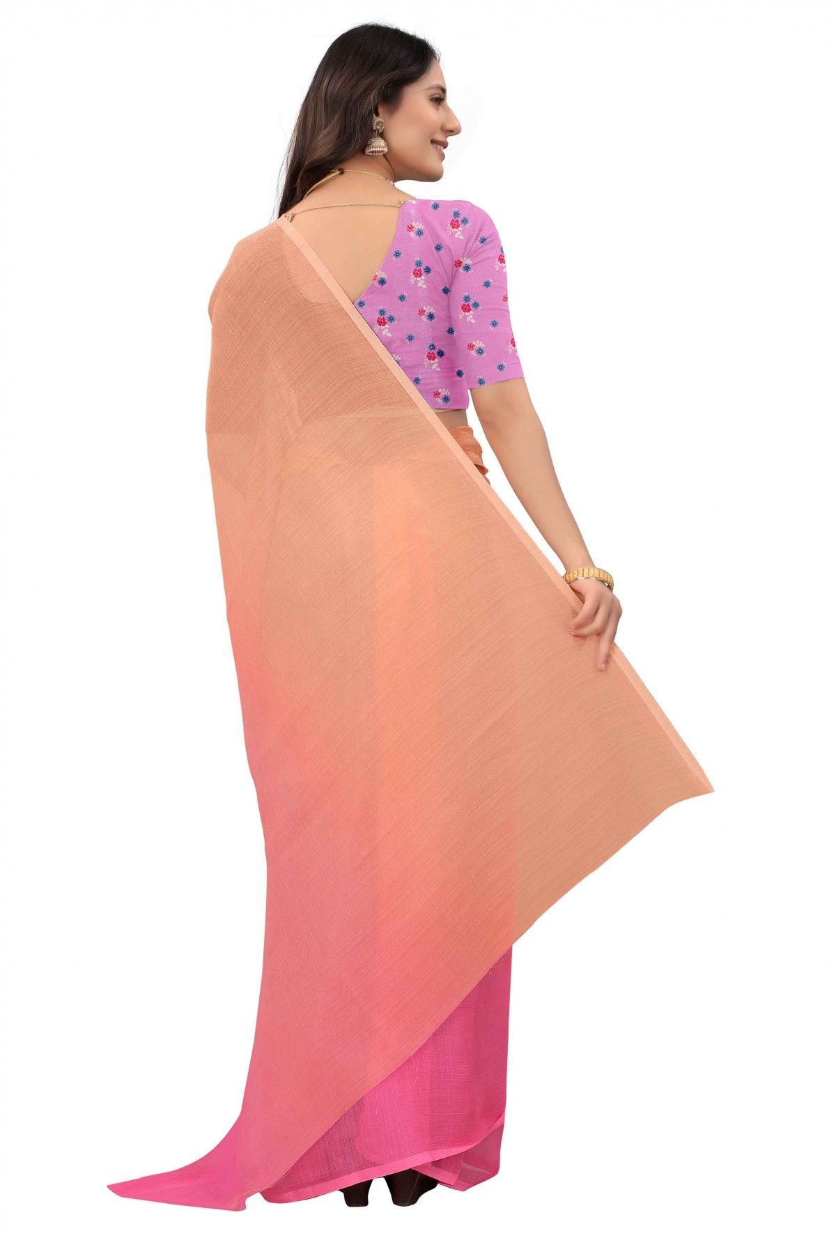 Peach Cadbury Chiffon Designer Saree with Double Blouse( 1. Plain Silk –  Royskart