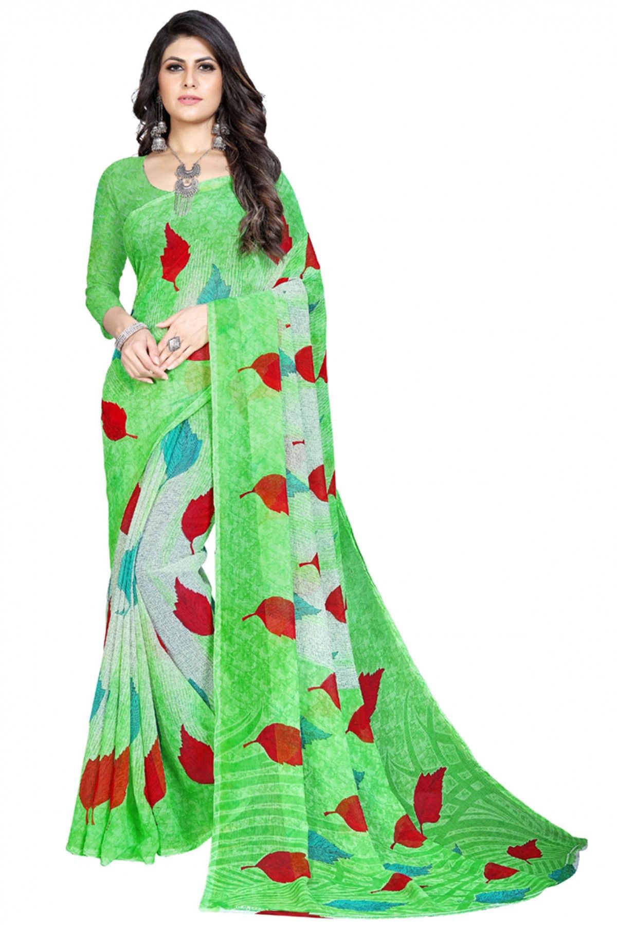 Light Green Embroidered Chiffon Saree With Blouse - RIVA ENTERPRISE -  2276125