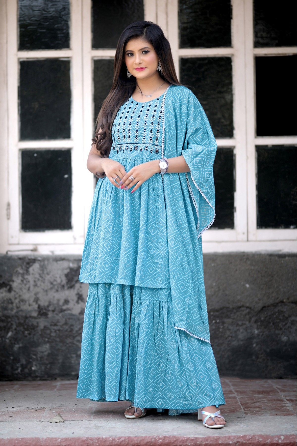 Buy Bunaai Maroon Embroidery Anarkali Sharara Suit Set For Women Online