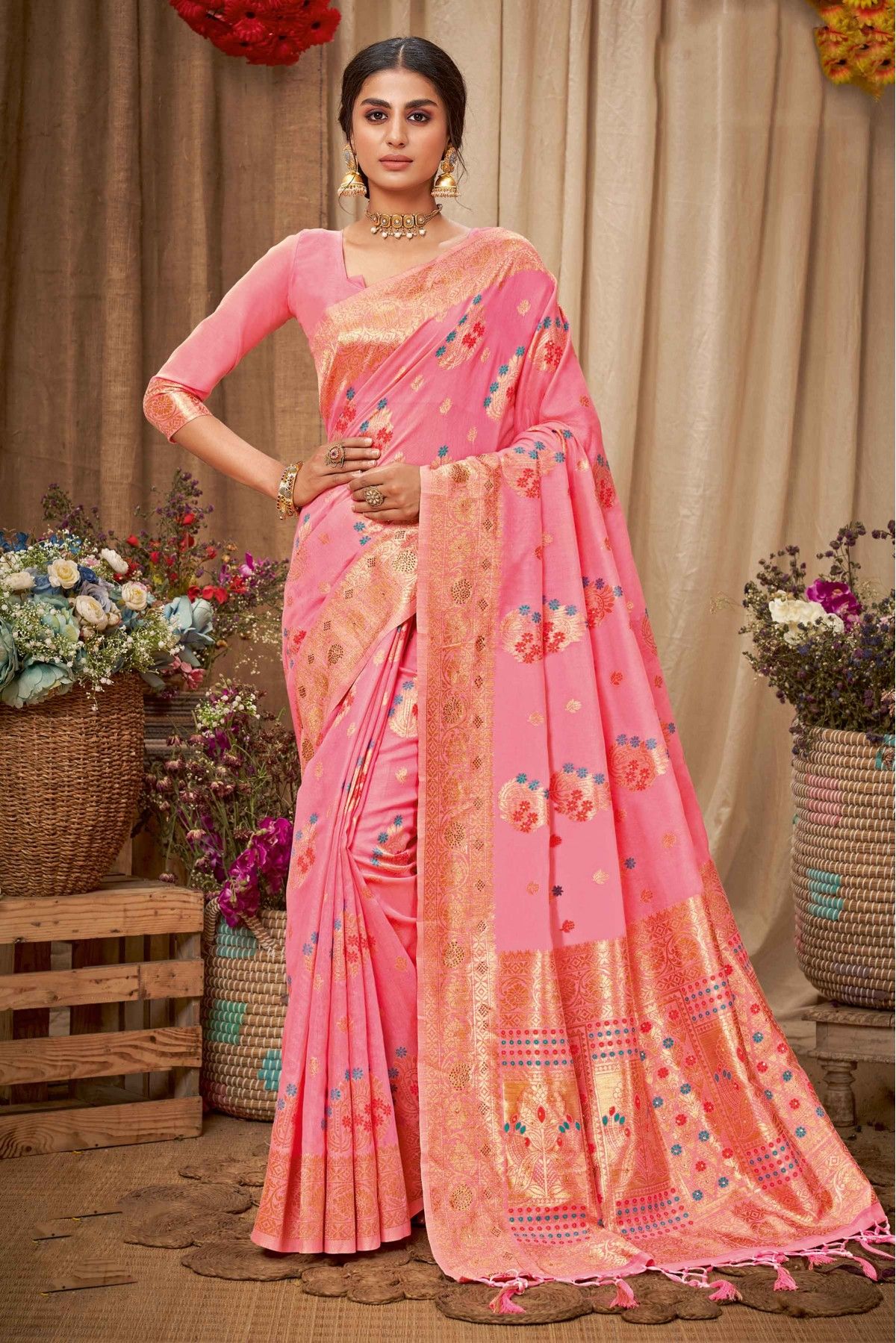 Glitzy Peach Color Organza Base Saree With Matching Blouse – Cygnus Fashion