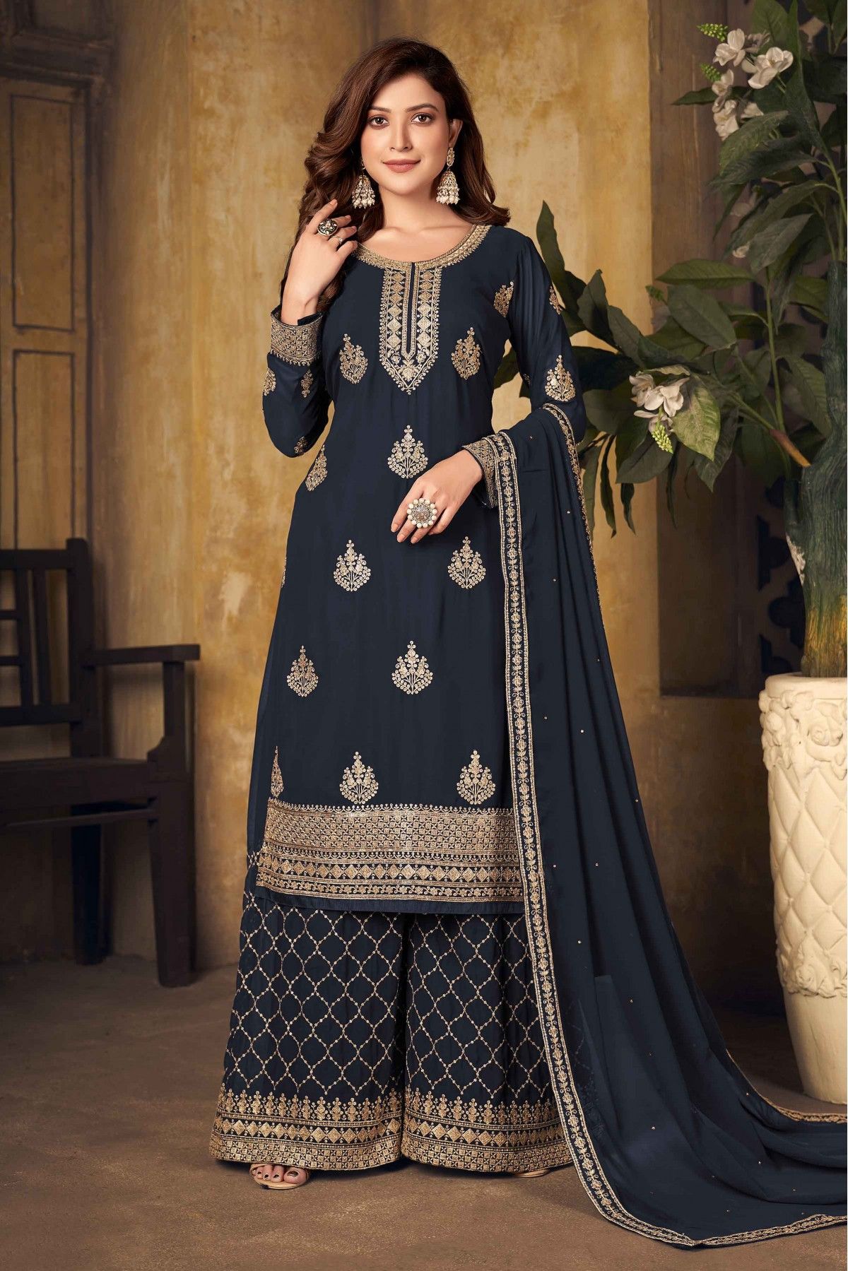 Faux Georgette Embroidery Palazzo Pant Suit In Navy Blue Colour SM1640751 A