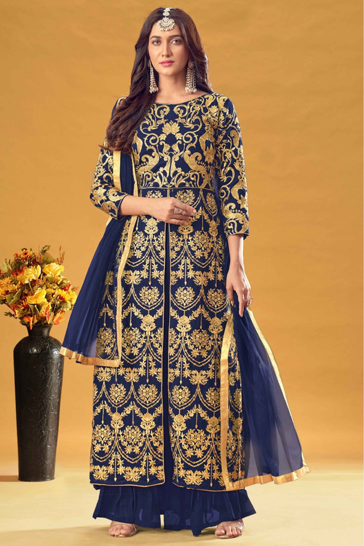 Georgette Embroidery Salwar Suit In Blue Colour - SM4452186