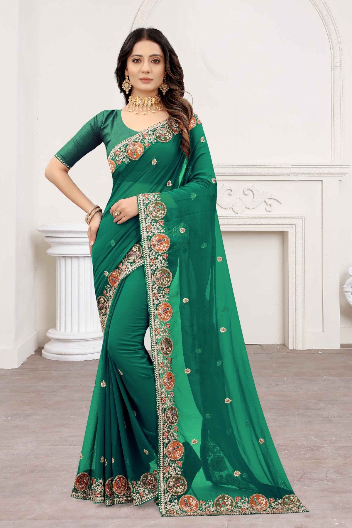 Green Handbrush Chiffon Saree