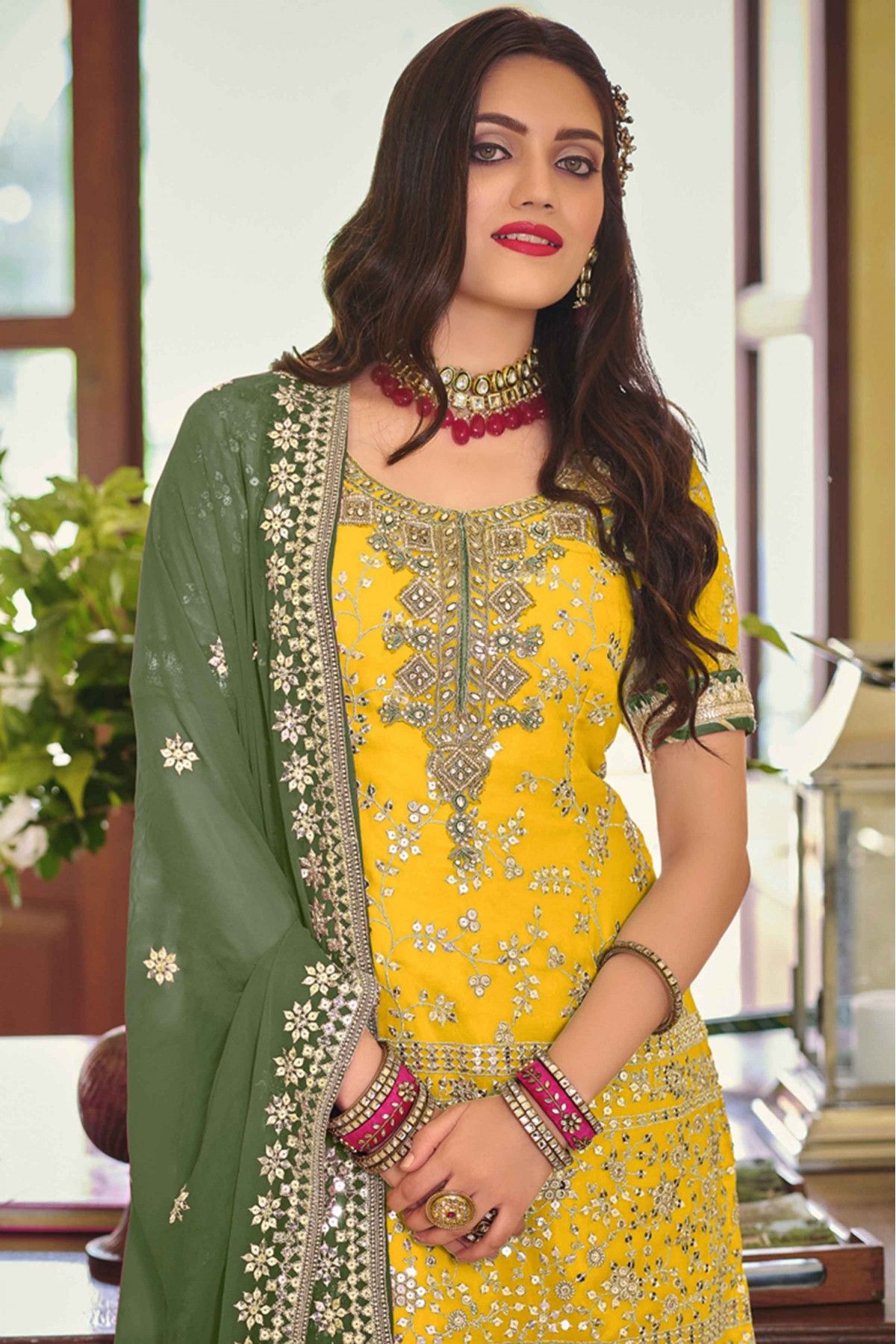 Buy Chrome Yellow Embroidered Sleeveless Sharara Suit Online KALKI Fashion  India