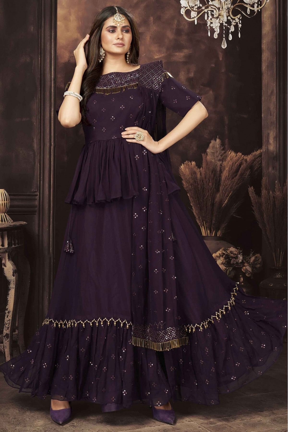 Georgette Sequins Work Lehenga Suit In Wine Colour - SM5413788