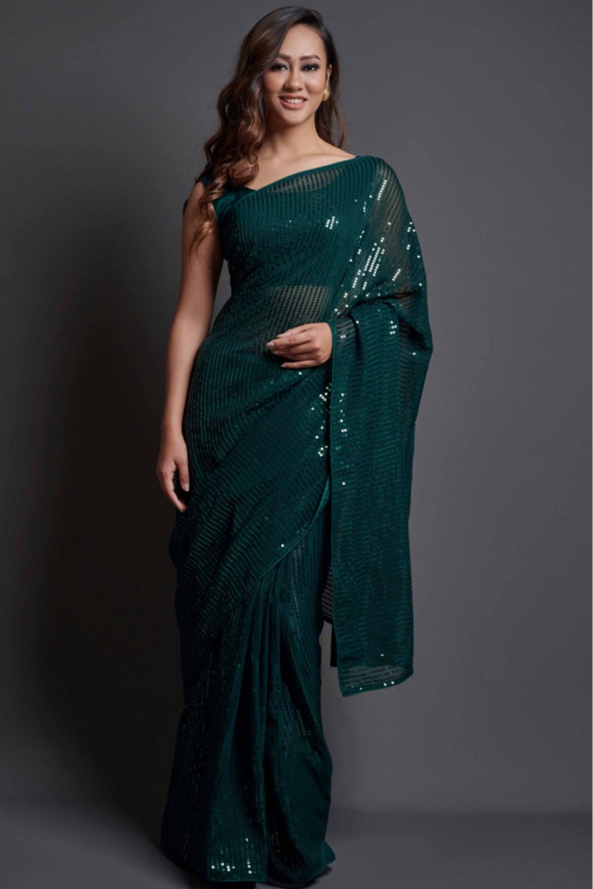 Dark Green Sequins Embroidered Georgette Saree