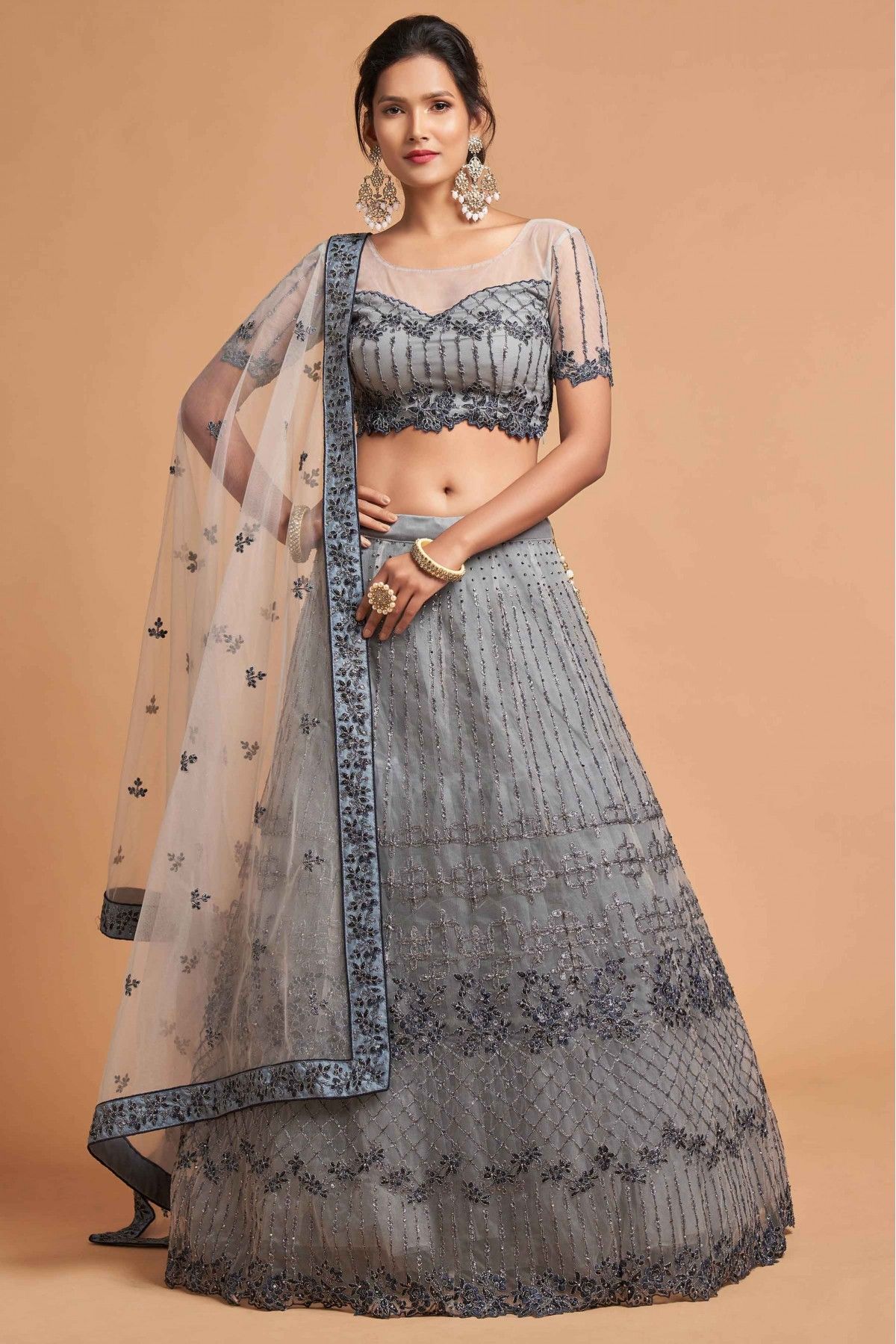 Dusty grey color designer embroidary sequence work lehenga choli – Joshindia