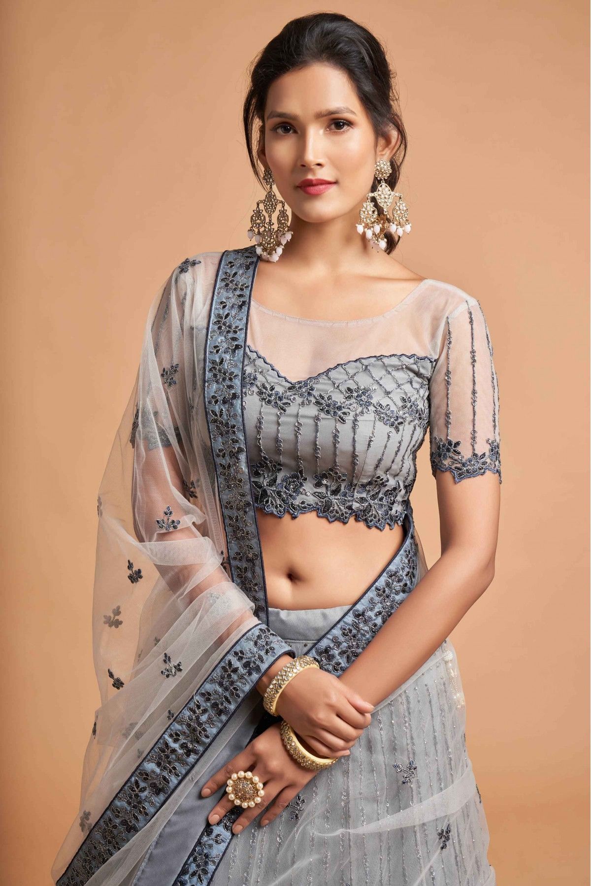 Buy Festive Party Lehenga - Grey Organza Silk A Line Lehenga Choli –  Empress Clothing