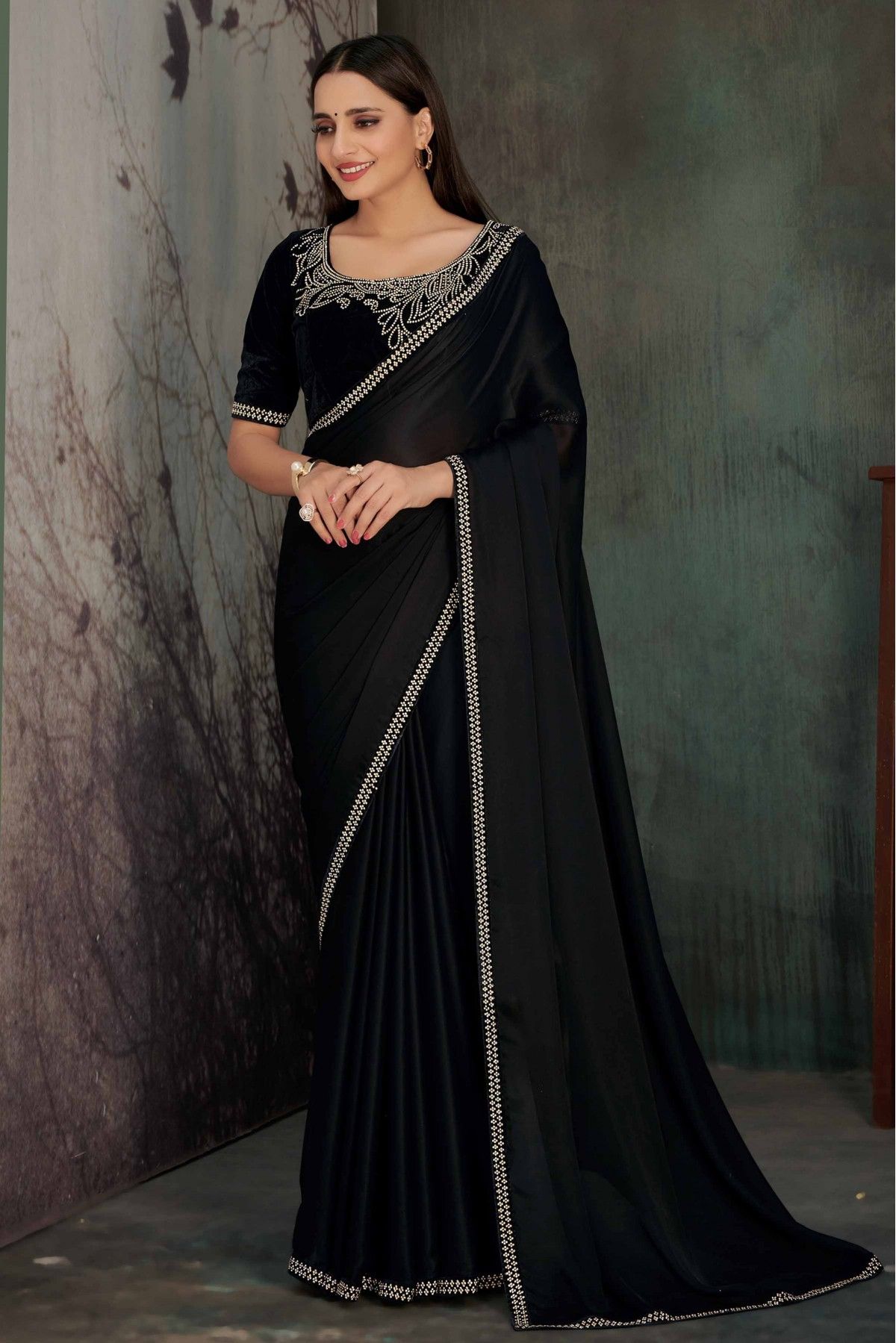 Buy Black Chiffon Wedding Wear Stone Work Saree Online From Wholesale  Salwar.