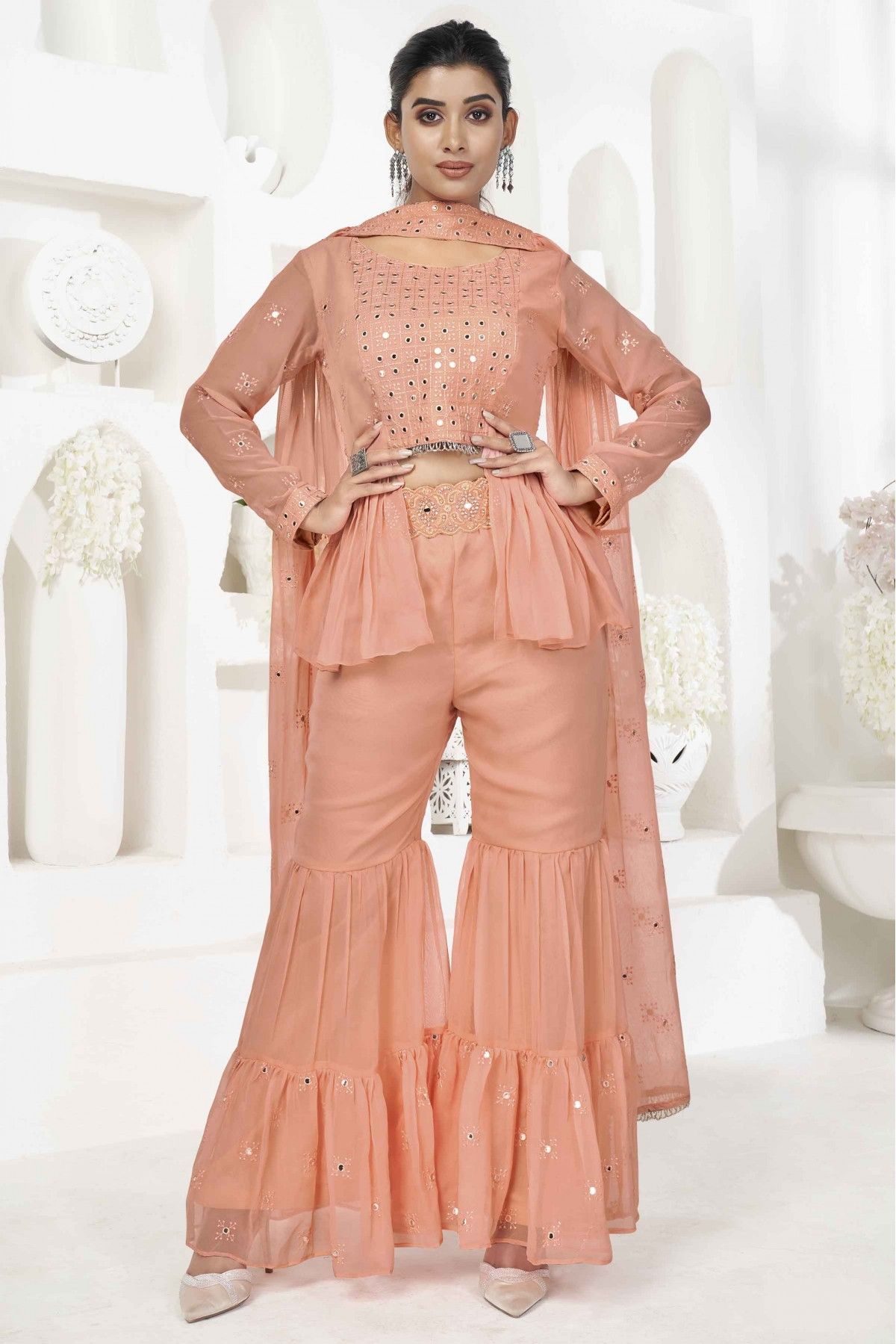 Stitched Georgette Embroidery Fusion Wear In Peach Colour - SS5413938