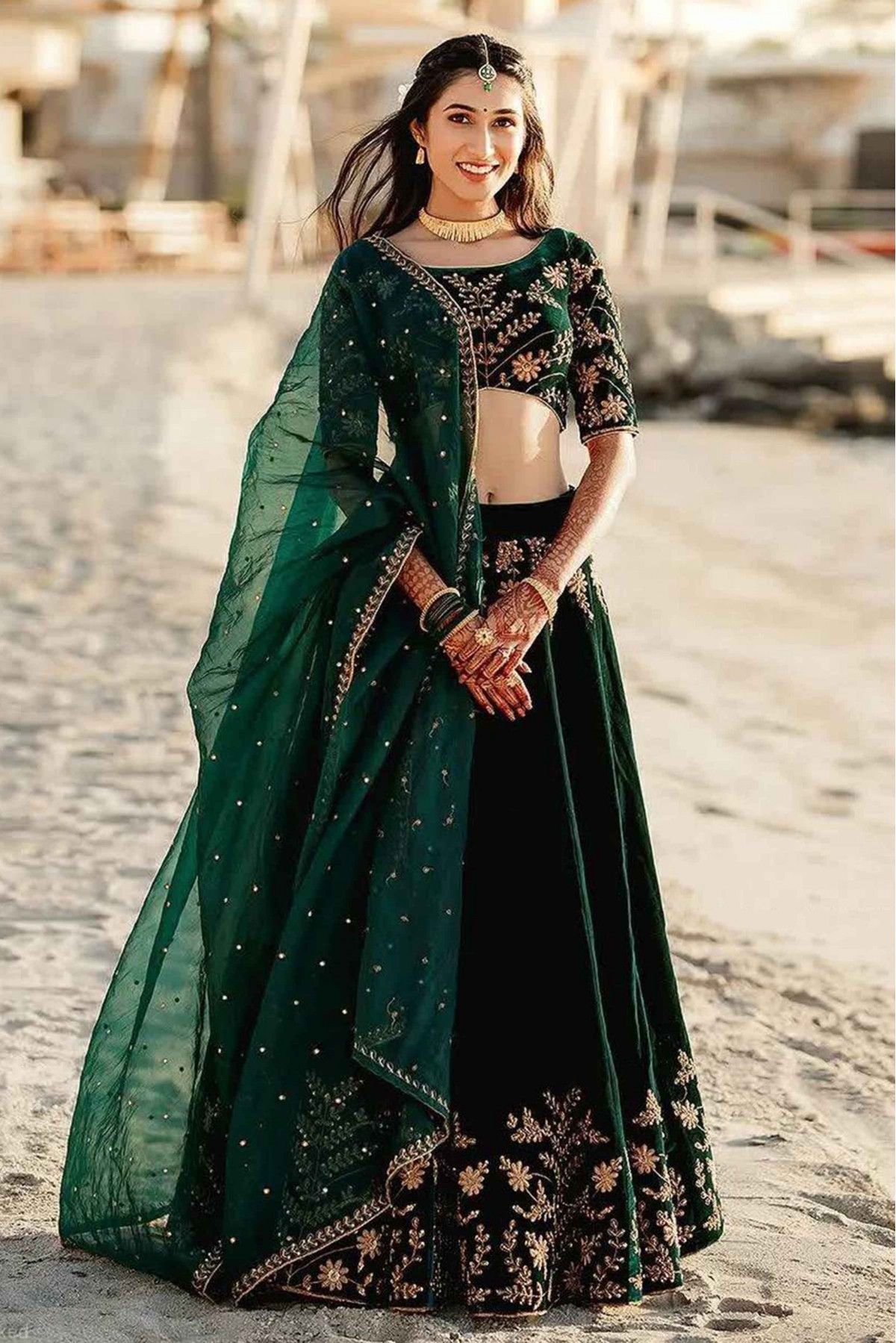 RE - Bottle Green Colored Designer Velvet Lehenga Choli - Featured Product