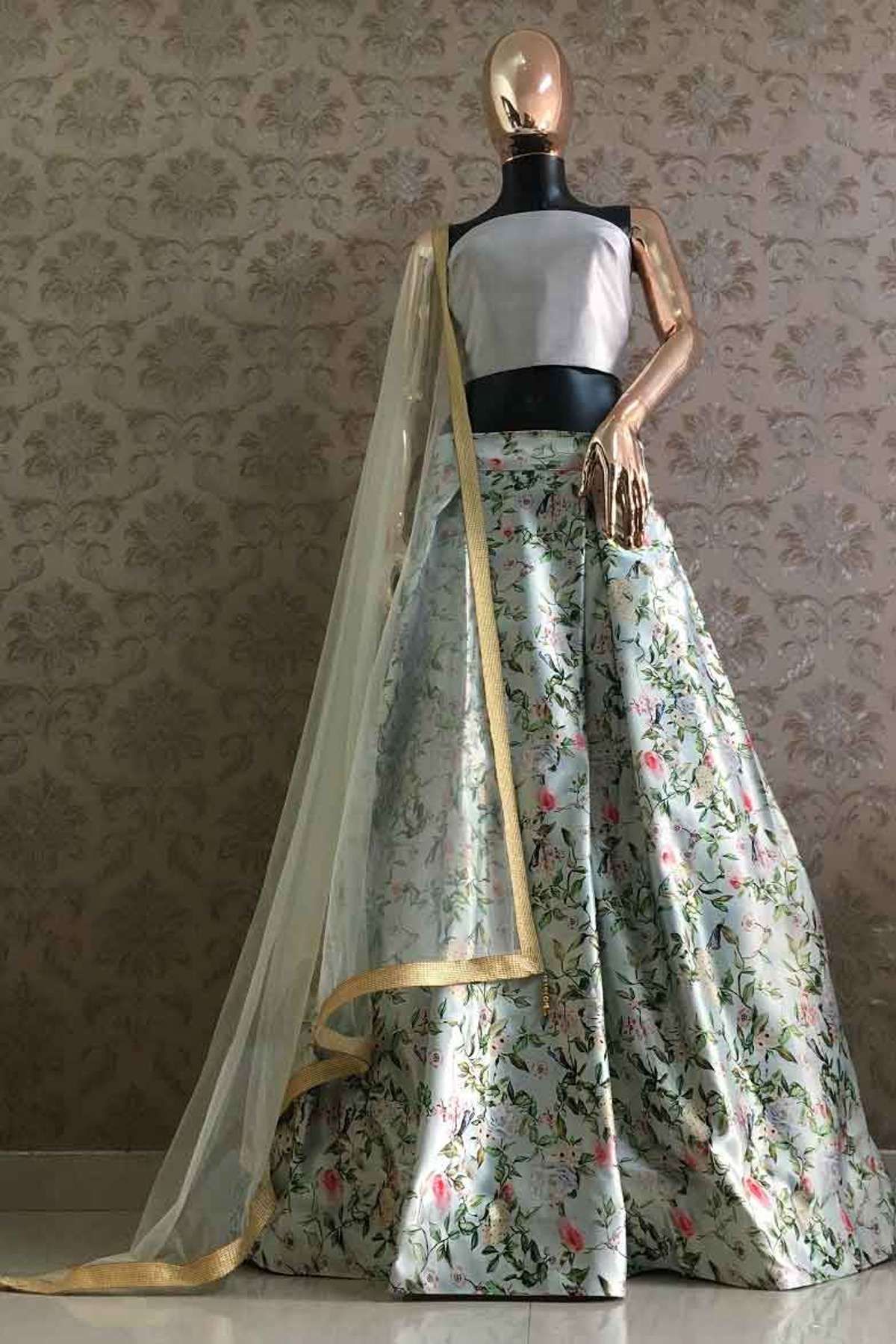 Off White Floral Printed Satin Lehenga – Lashkaraa