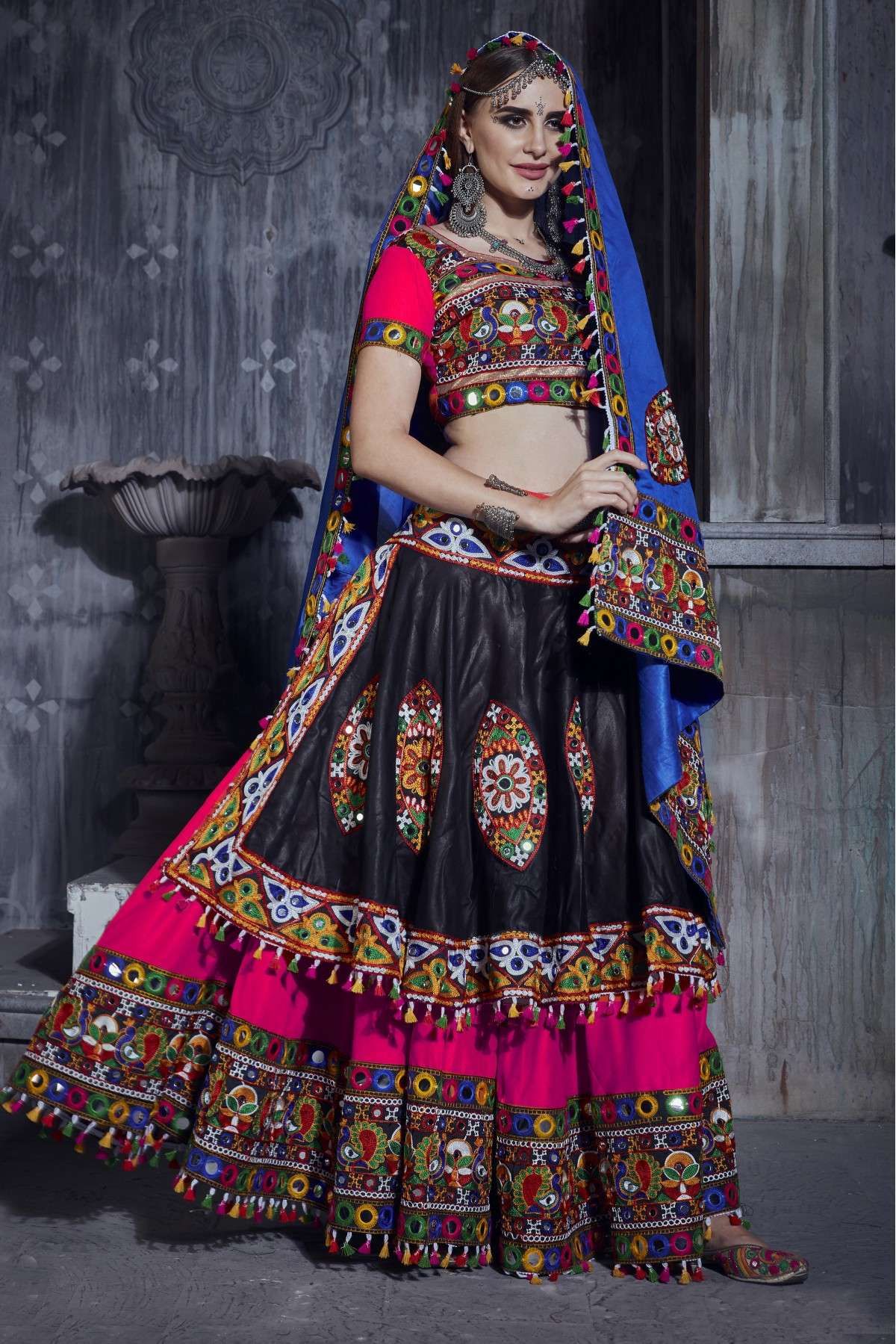 Festive, Wedding Black and Grey, Pink and Majenta color Net fabric Lehenga  : 1661142