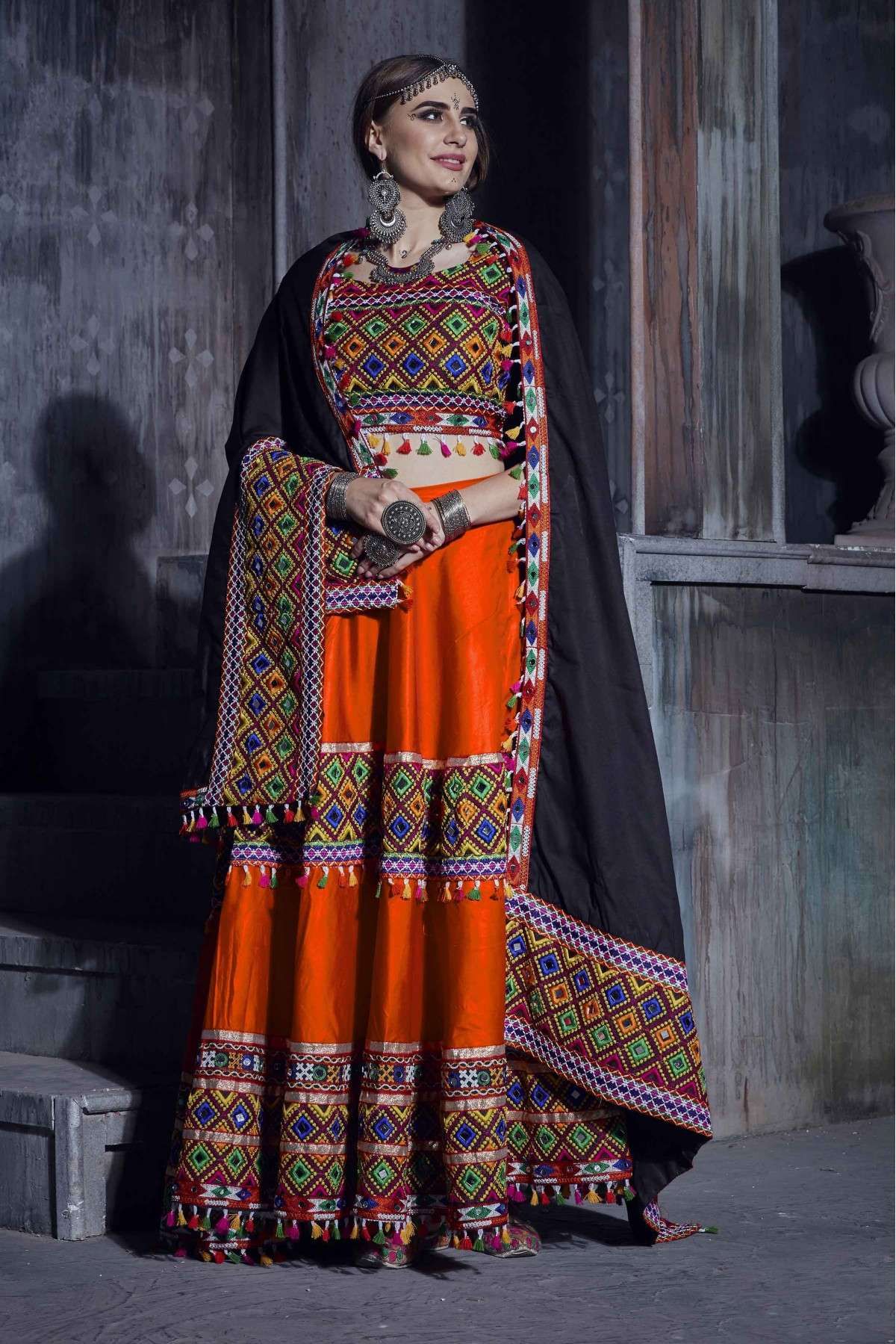 Buy Priyal Designer Ethnic Wears Orange-Black Lehenga Choli For Girls(13-14  YEAR) at Amazon.in