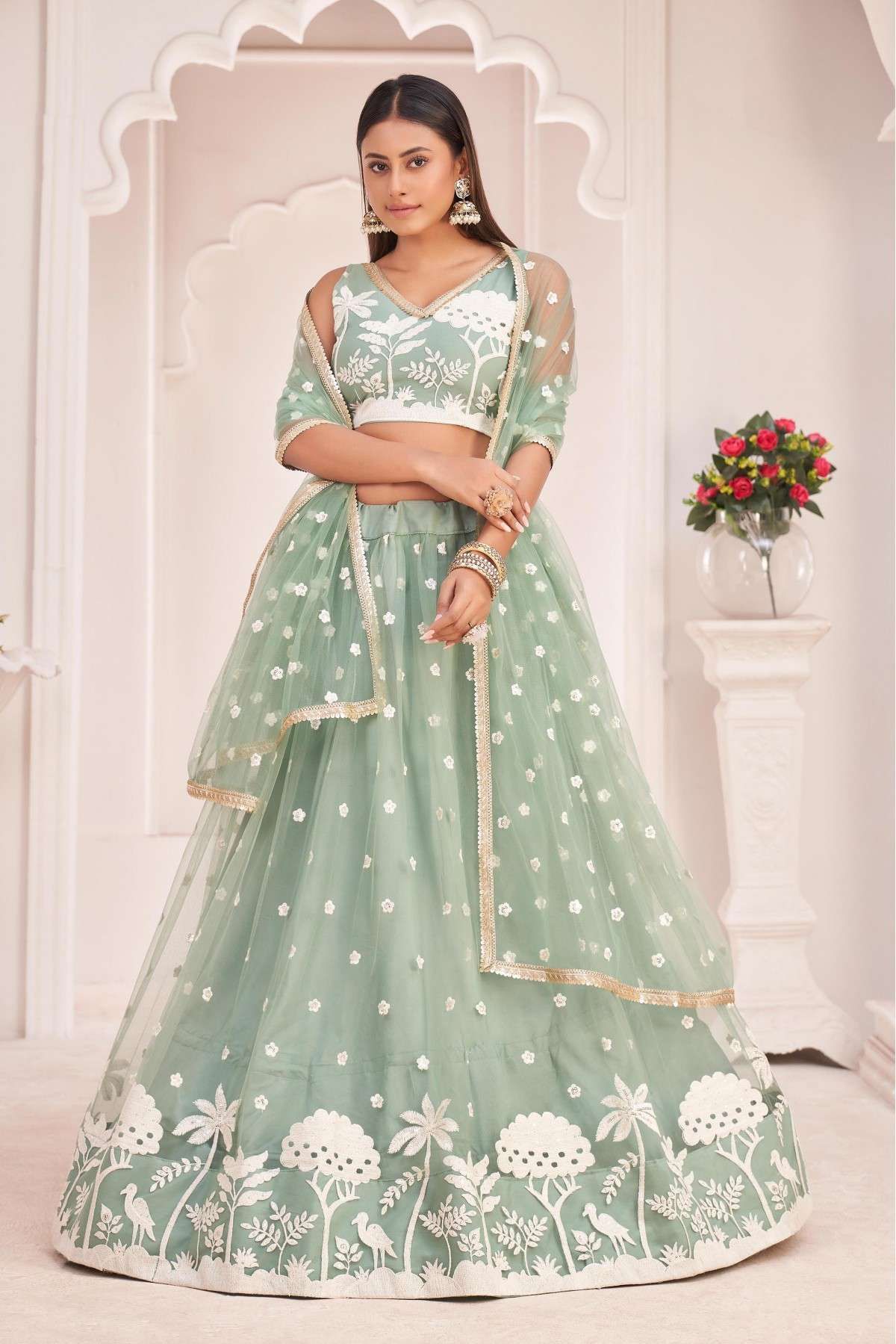 Butterfly Net Embroidery Lehenga Choli In Pista Green Colour - LD5416177