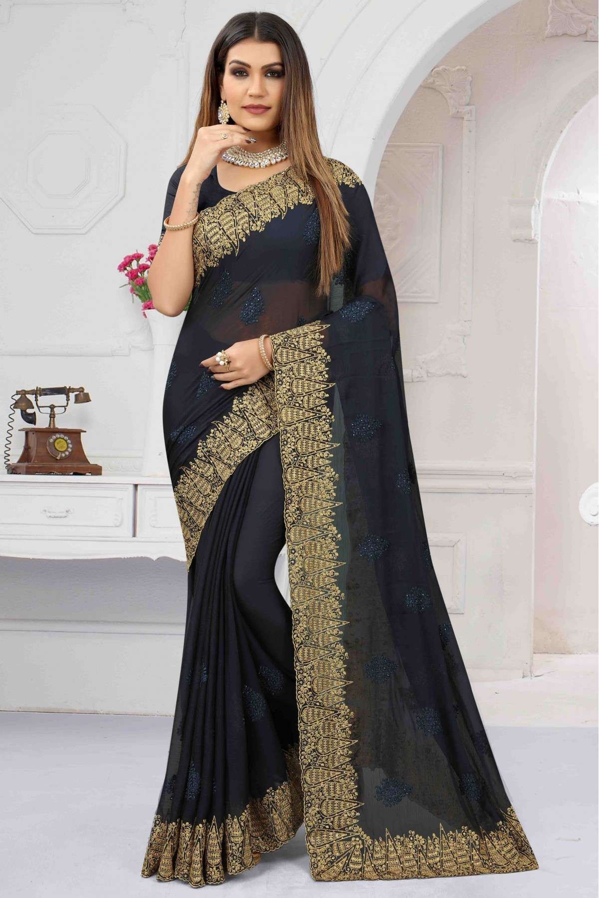 Chiffon Embroidery Saree In Navy Blue Colour - SR1543782