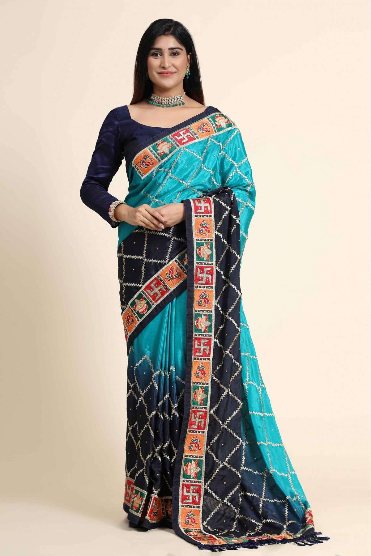Chinon Silk Embroidery Saree In Blue Colour - SR5416213