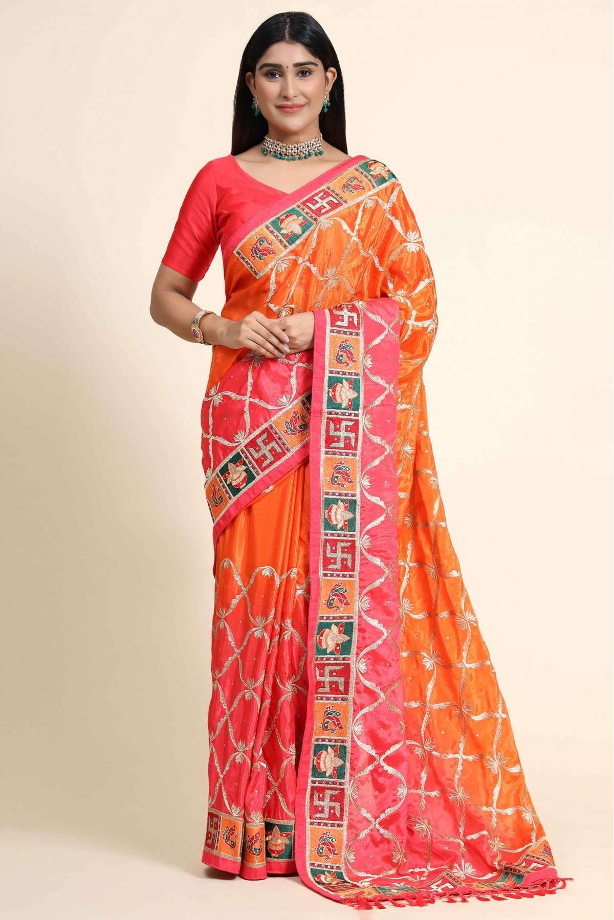 Chinon Silk Embroidery Saree In Red And Orange Colour - SR5416217