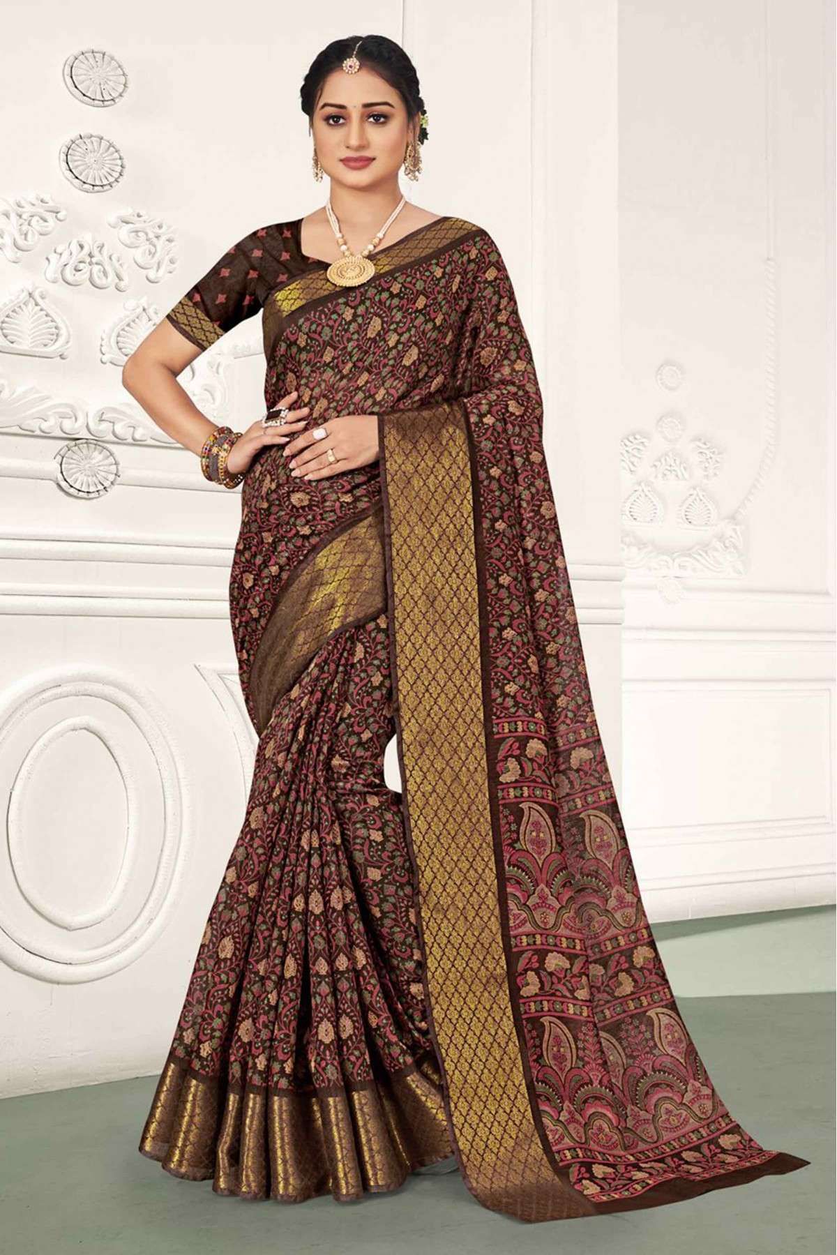 Vishal Prints Dark Brown Chiffon Saree With Embroidery Work And Fancy