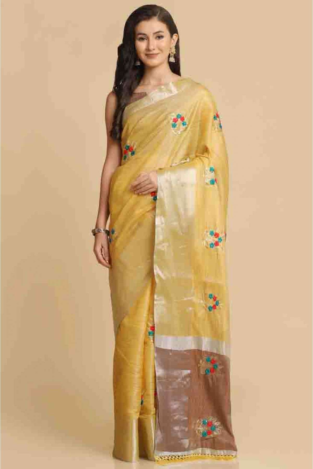 Cotton Silk Embroidery Saree In Yellow Colour - SR4840402