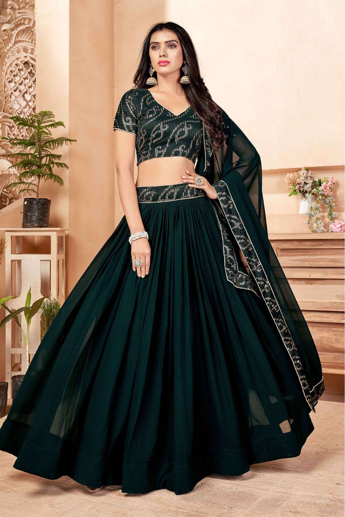 Dark Green Color Silk Fabric Wedding Look Appealing Lehenga