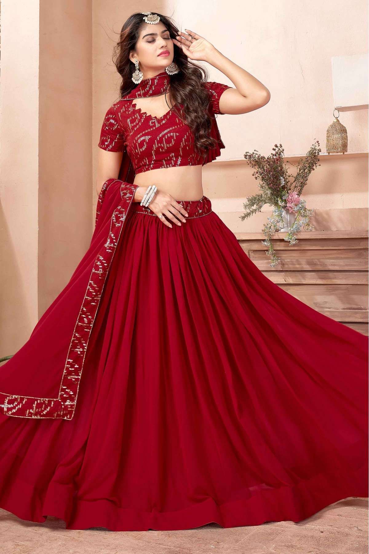 Buy Cherry Red Cutdana Embroidered Net Reception Lehenga Online | Samyakk